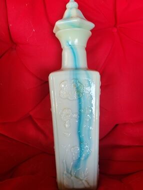 VTG. 12.5 Inch Lidded Jade Milk Glass Liquior Bottle With Floral